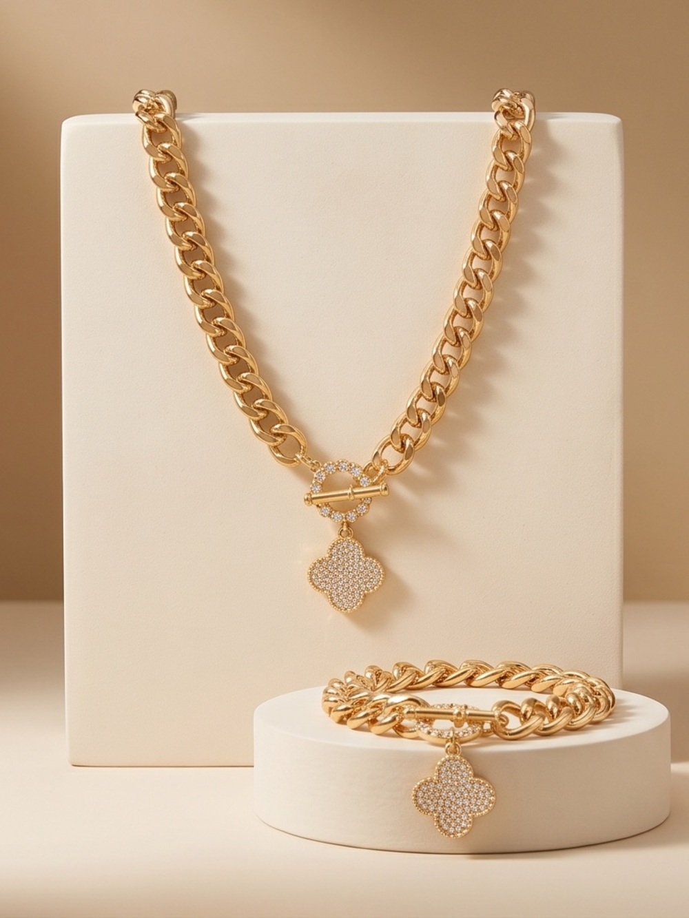 Gold Pavé Clover Pendant Necklace and Bracelet Set